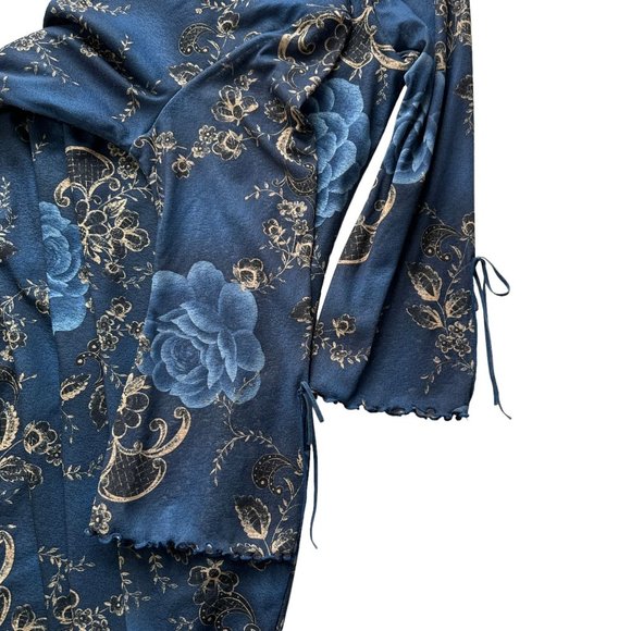 Vintage Y2K 90s Expressions MEDIUM Blue Floral Lettuce Hem V-Neck Midi Dress - Picture 7 of 11